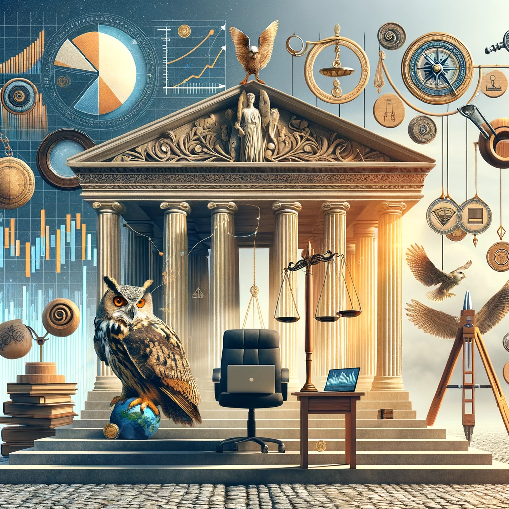 Imagem mostrando elementos da cultura greco-romana, como um templo e a balança da justiça, combinados com símbolos modernos de liderança, incluindo um laptop e um gráfico de crescimento, reflexo de uma boa tomada de decisão