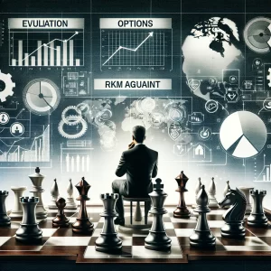 Imagem de um tabuleiro de xadrez com peças estrategicamente posicionadas, sobreposto por gráficos de análise de risco e uma figura contemplando as jogadas.
