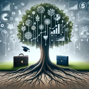 Imagem de uma árvore com raízes profundas e ramos altos, simbolizando crescimento, com ícones de sucesso executivo como um capelo e ícones de negócios integrados ao tronco.