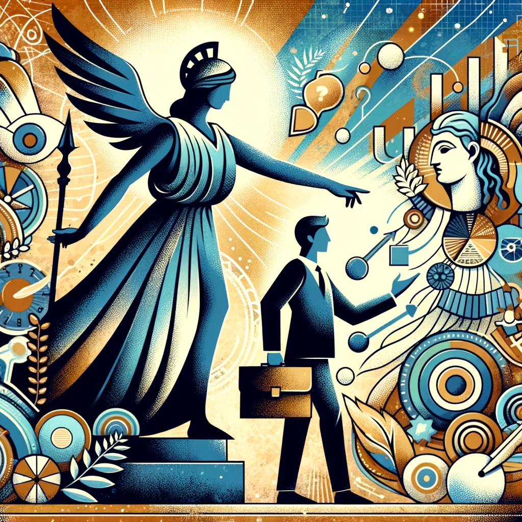 Uma representação artística que combina elementos da cultura greco-romana com símbolos modernos de mentoria de negócios e crescimento empresarial, como uma figura semelhante a Atena ou Mercúrio guiando um jovem empresário em sua jornada.