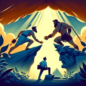 Uma cena inspirada em Hércules enfrentando um de seus trabalhos, representando mentores e mentees trabalhando juntos para superar obstáculos.