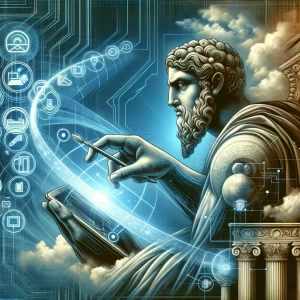 Uma fusão de elementos clássicos e futurísticos, talvez mostrando um oráculo greco-romano usando dispositivos tecnológicos modernos, simbolizando a evolução da mentoria ao longo do tempo.